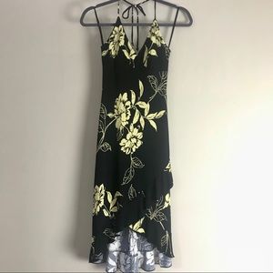 Y2K Black and Pale Yellow Floral Halter Dress